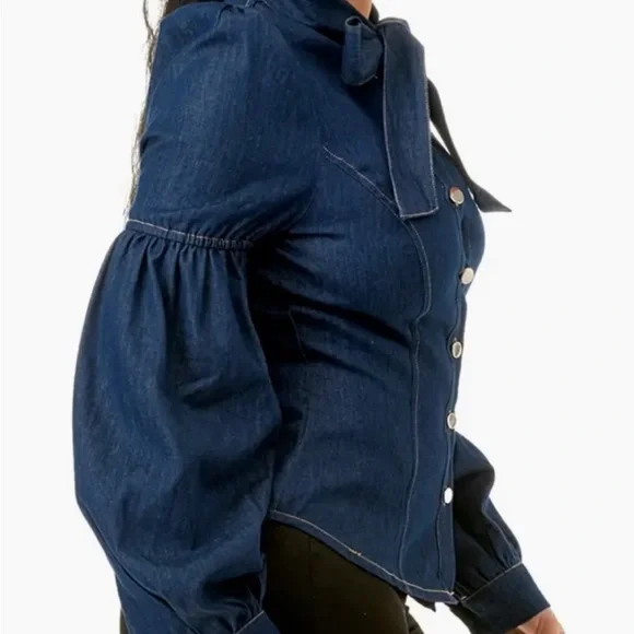 neck tie denim shirt with puff sleeves - Picture 2 of 4